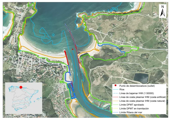 Río Saja. Desembocadura. Estuario con presencia de elementos artificiales en desembocadura (espigón, dique o puerto).