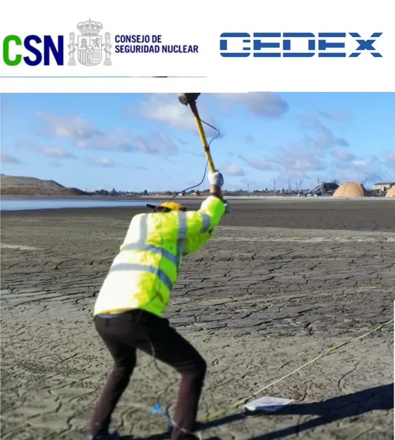 Imagen que muestra a un trabajador en el campo y los logotipos del CSN y el CEDEX en su parte superior