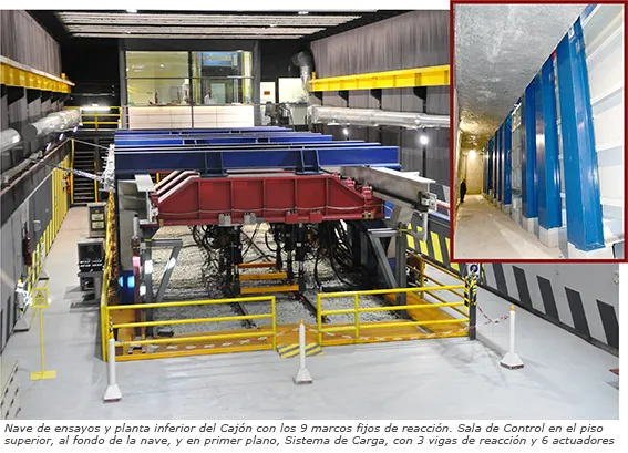 Nave de ensayos y planta inferior del cajón con los 9 marcos fijos de racción