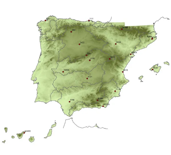 MApa de la ubicación geográfica dentro de la península de las diferentes estaciones de REVIP