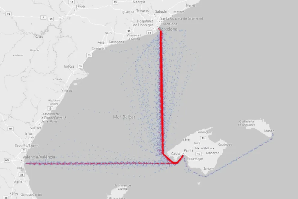 Representación de trayectos del buque Tenacia
