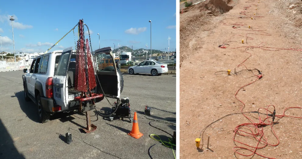 Fuente sísmica utilizada para generar las ondas en el terreno y línea de geófonos para registrar las señales