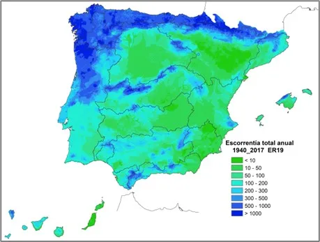 Distribución espacial de la escorrentía total anual (mm), 1940/41-2017/18.