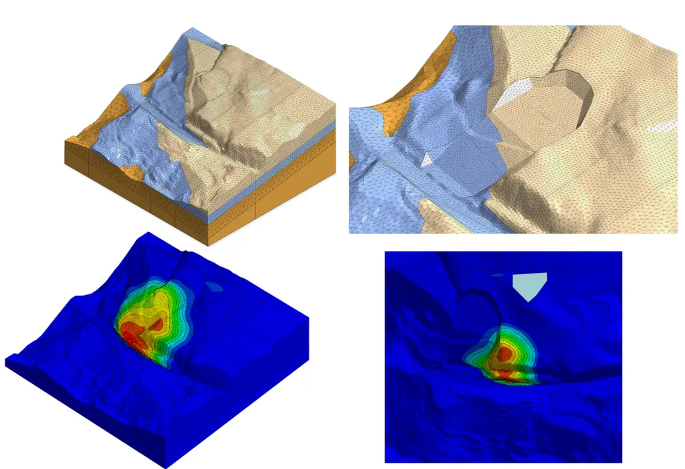 Cuatro dibujos generados por ordenador que muestran distintas vistas de un terraplén 