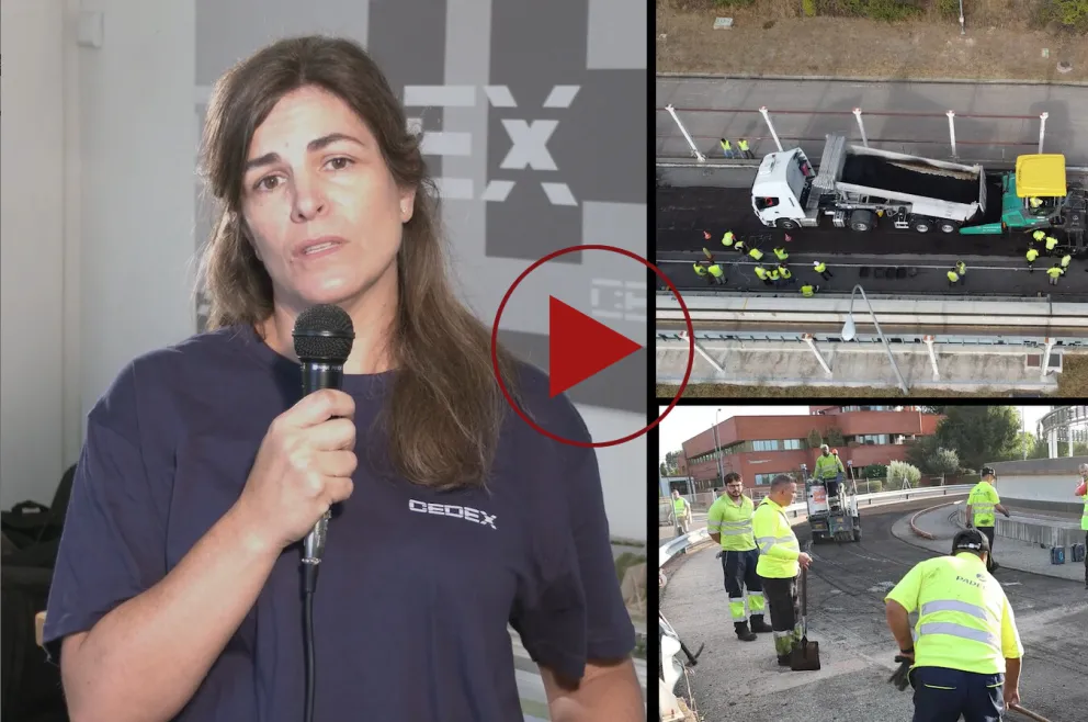 Imagen con una técnica del CEDEX y operarios trabajando en la pista de ensayo acelerado de firmes con el símbolo de video