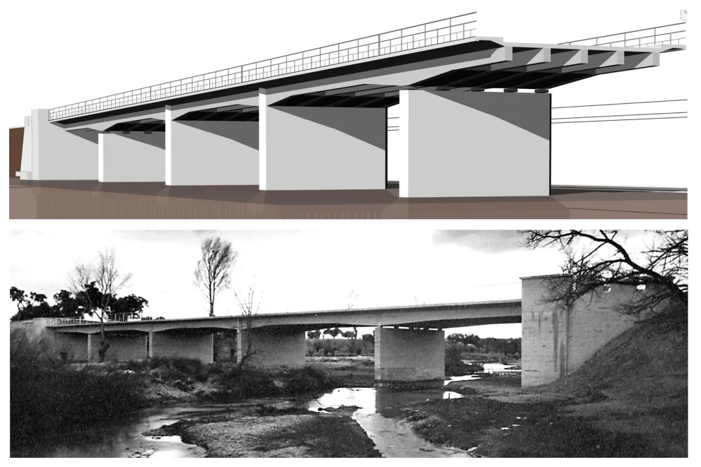 Vista del modelo virtual y foto histórica del puente de El Pardo de Carlos Fernández Casado perteneciente a la Colección de Modelos 3D de CEHOPU