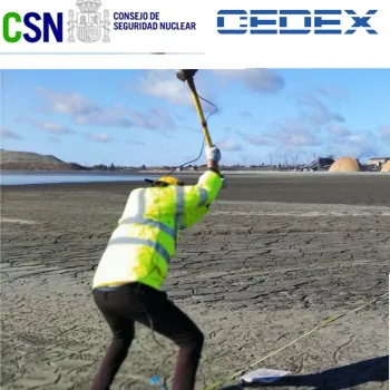 Imagen que muestra a un trabajador en el campo y los logotipos del CSN y el CEDEX en su parte superior